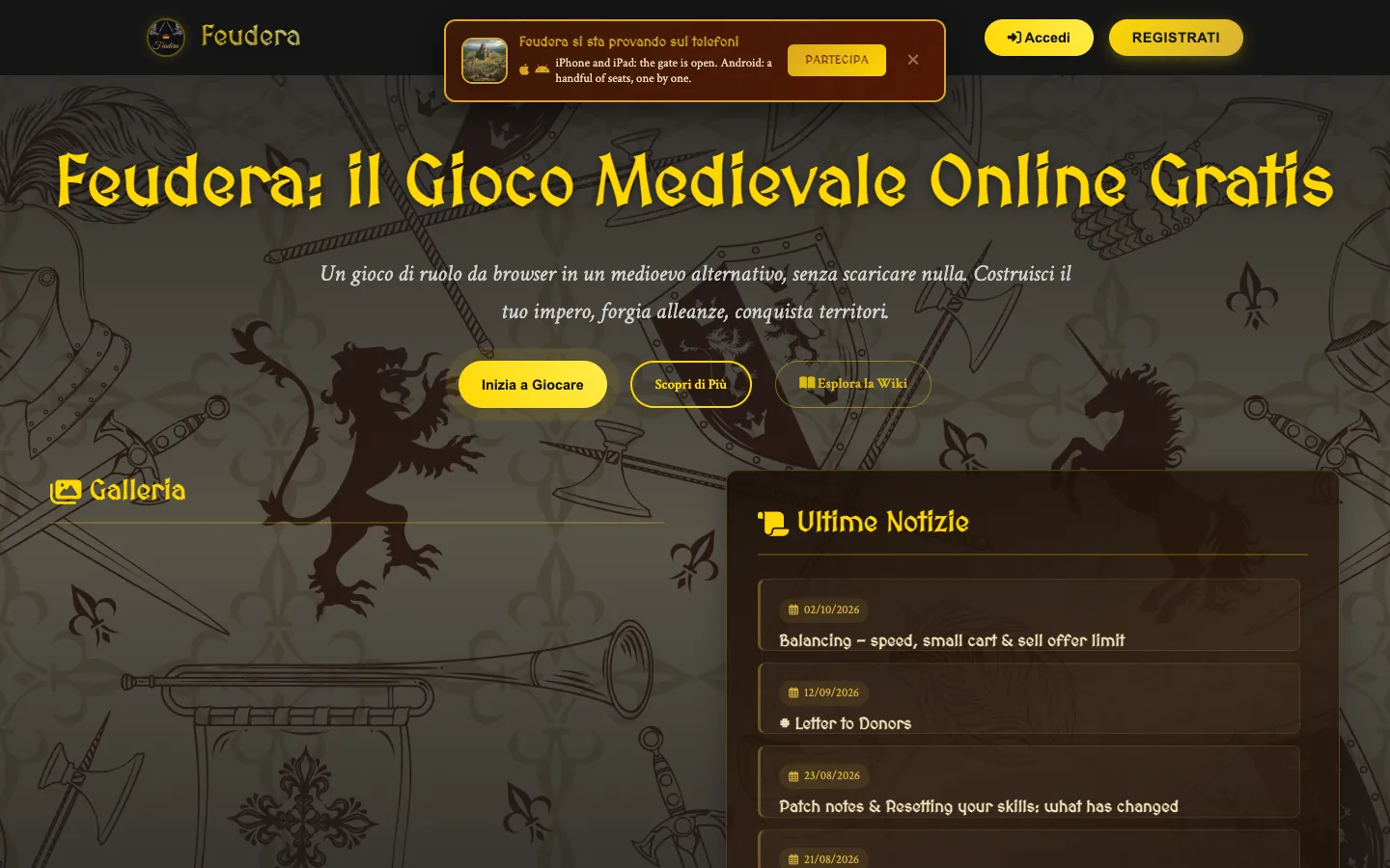 Schermata della home page del gioco Feudera