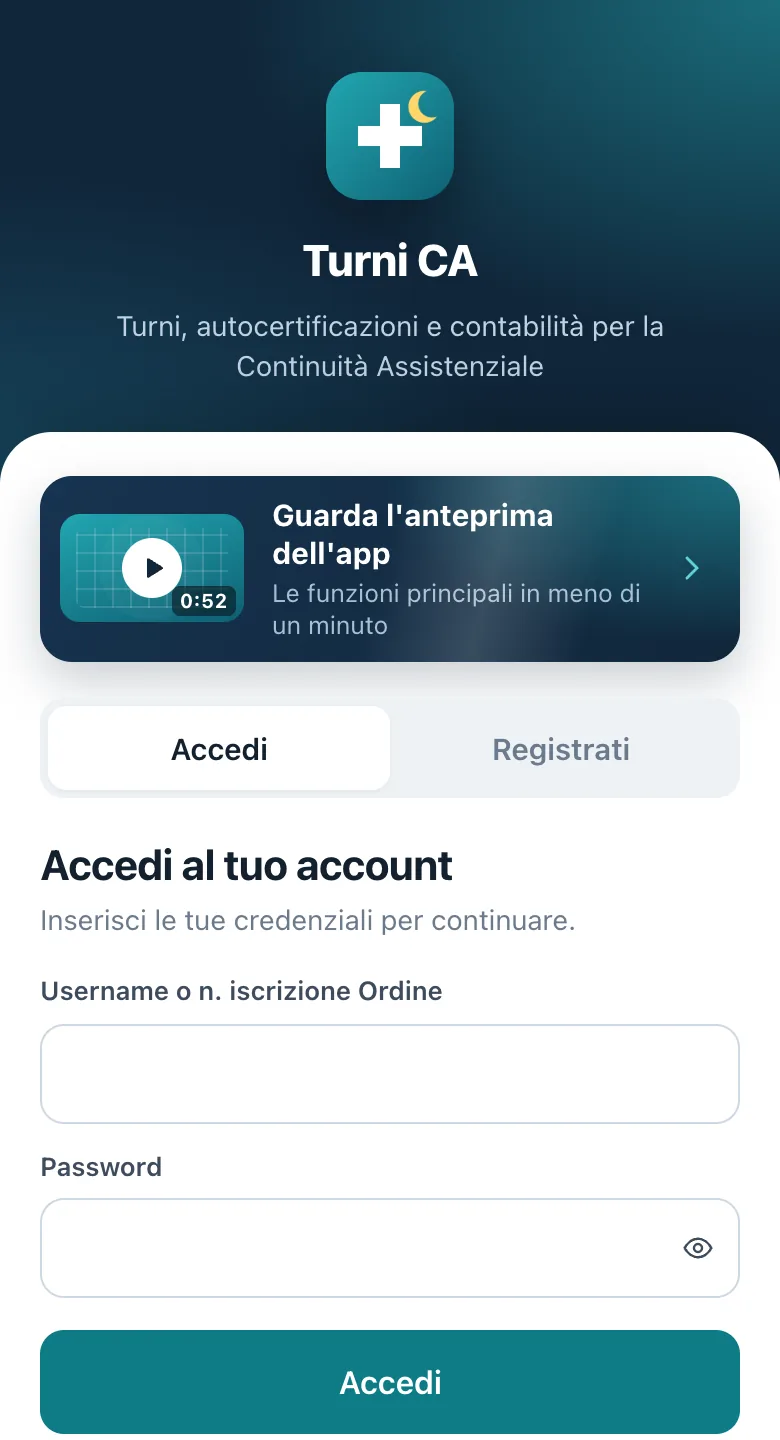Schermata di accesso della web app Turni CA