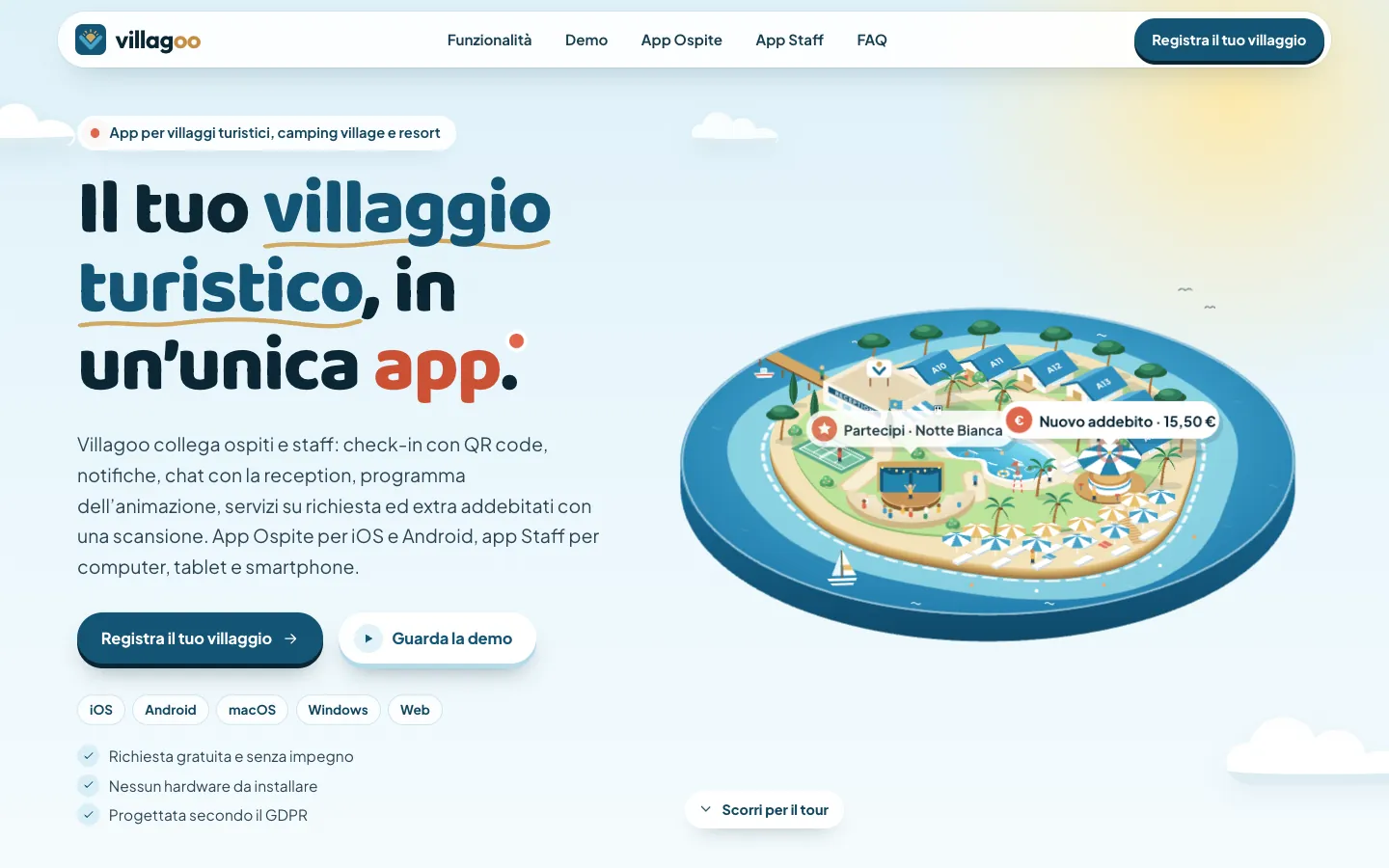 Schermata del sito di Villagoo, piattaforma per villaggi turistici