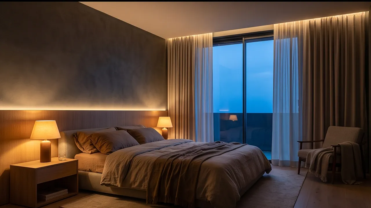 Camera da letto con due lampade sul comodino e luce indiretta dietro la testiera