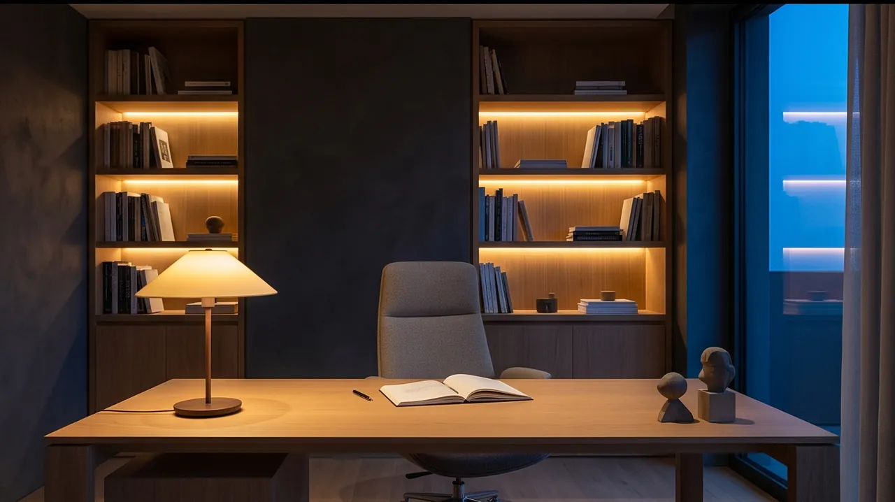 Studio con scrivania in legno, lampada da tavolo e libreria illuminata
